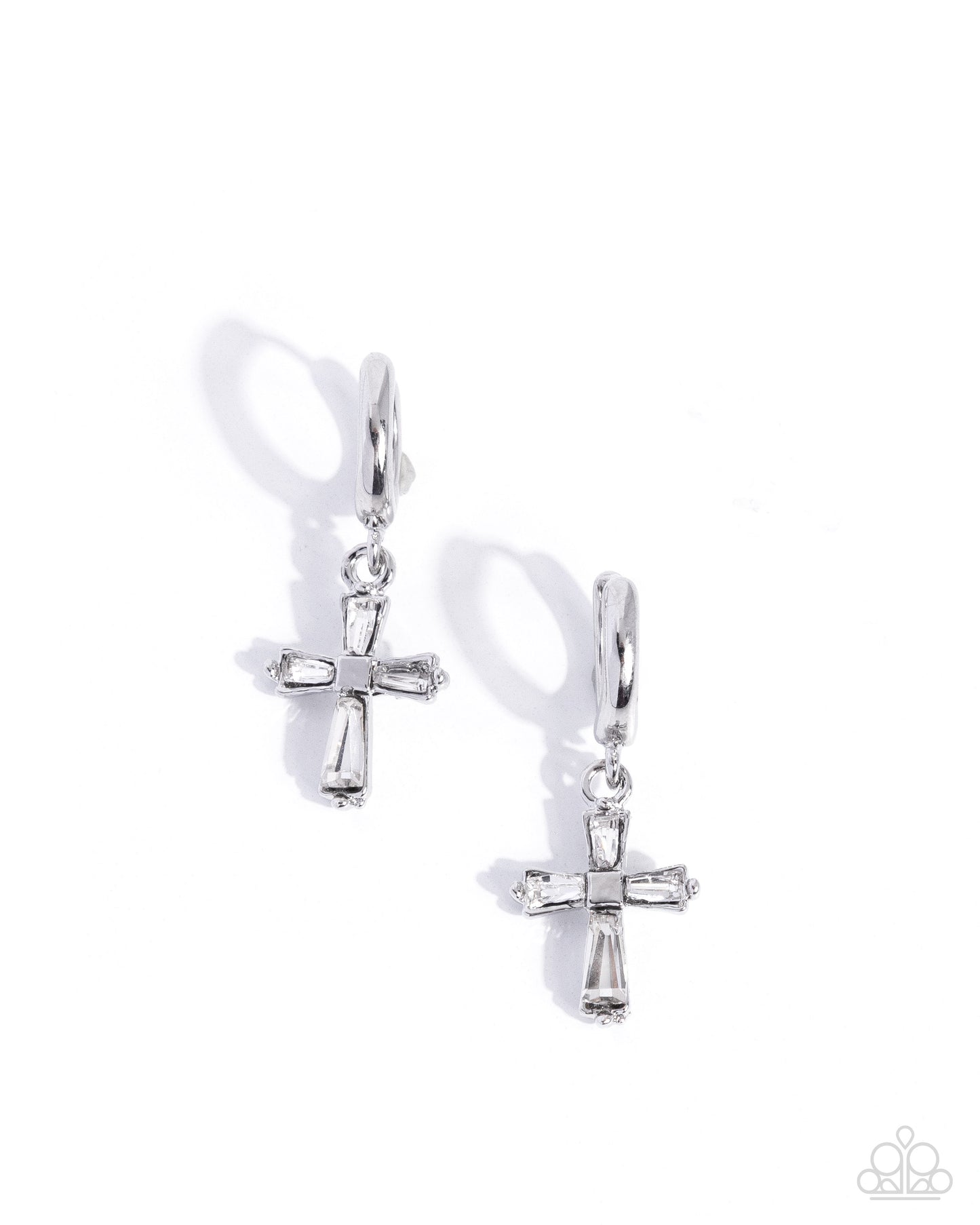 Paparazzi Sacred Shine - White Gem Silver Cross 1/2 Inch Hinge Hoop Earring