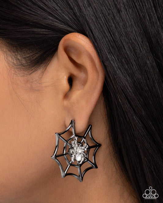 Spiderweb Showcase - Black Gunmetal Spiderweb Silver Spider 1 1/2 Inch Hoop Halloween Earring Paparazzi E3123