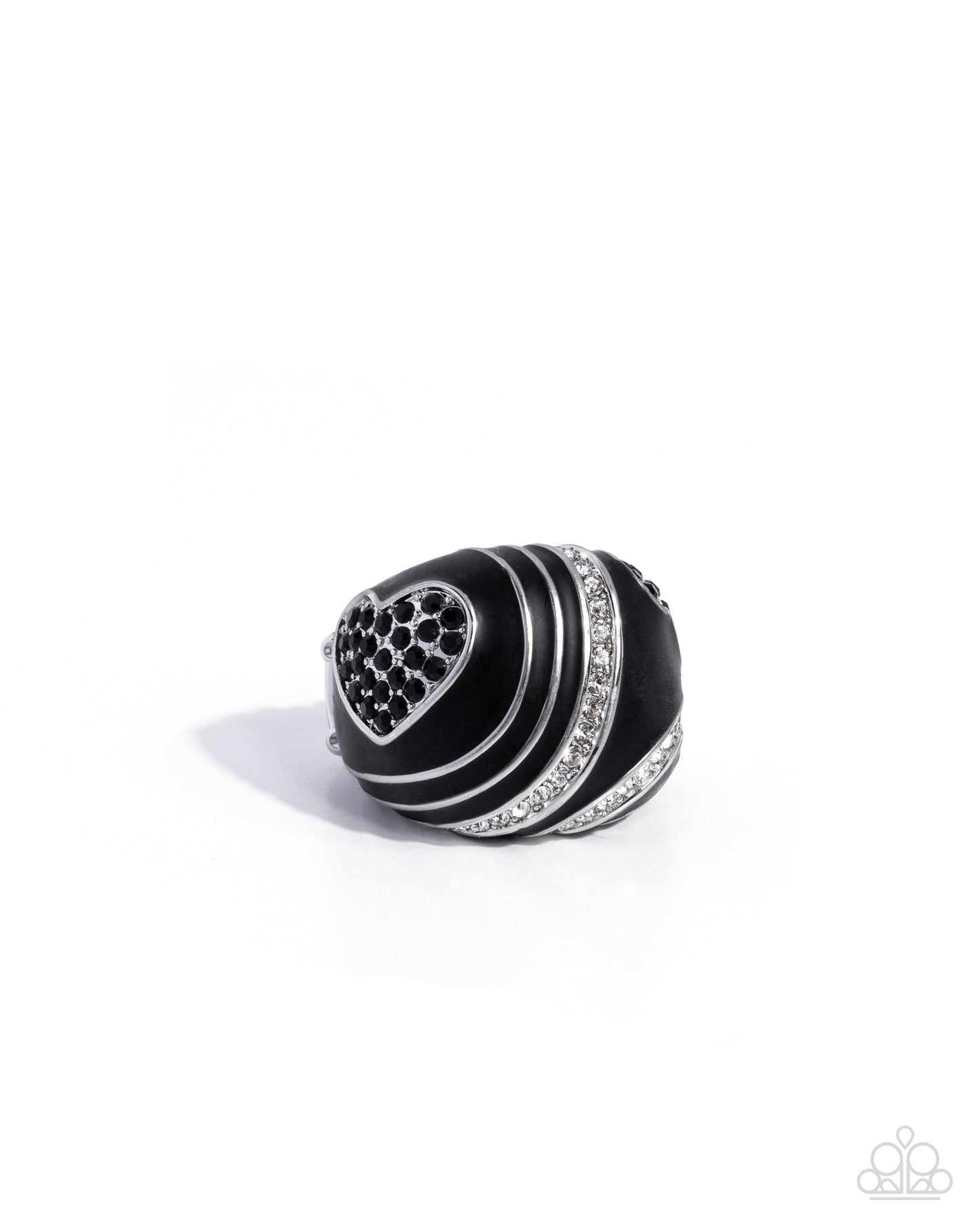 Paparazzi Heartfelt Hype - Black & White Rhinestone Silver Heart Ring R1220