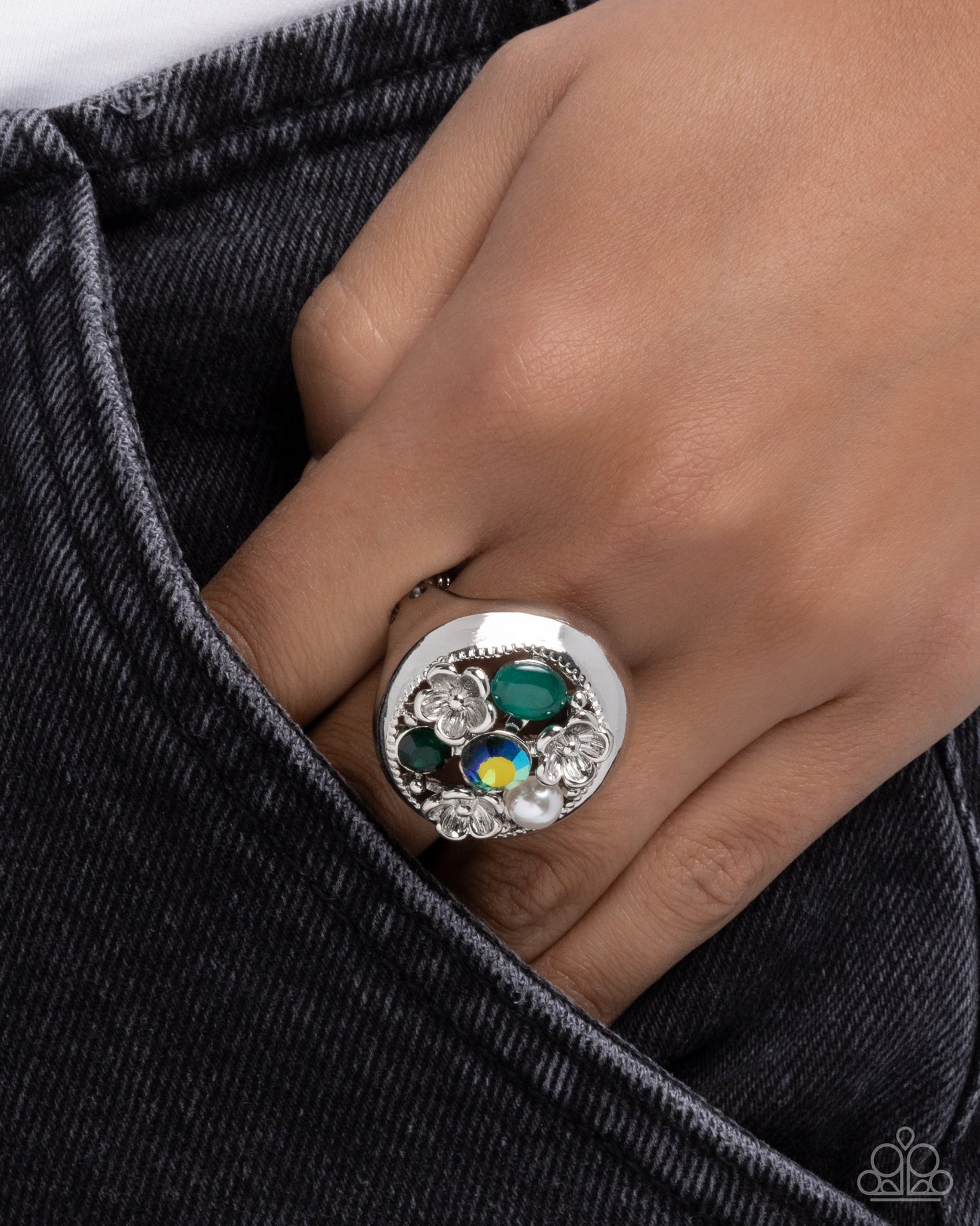 Paparazzi Malibu Mecca - Green Emerald Iridescent Rhinestone Silver Floral Ring R1343