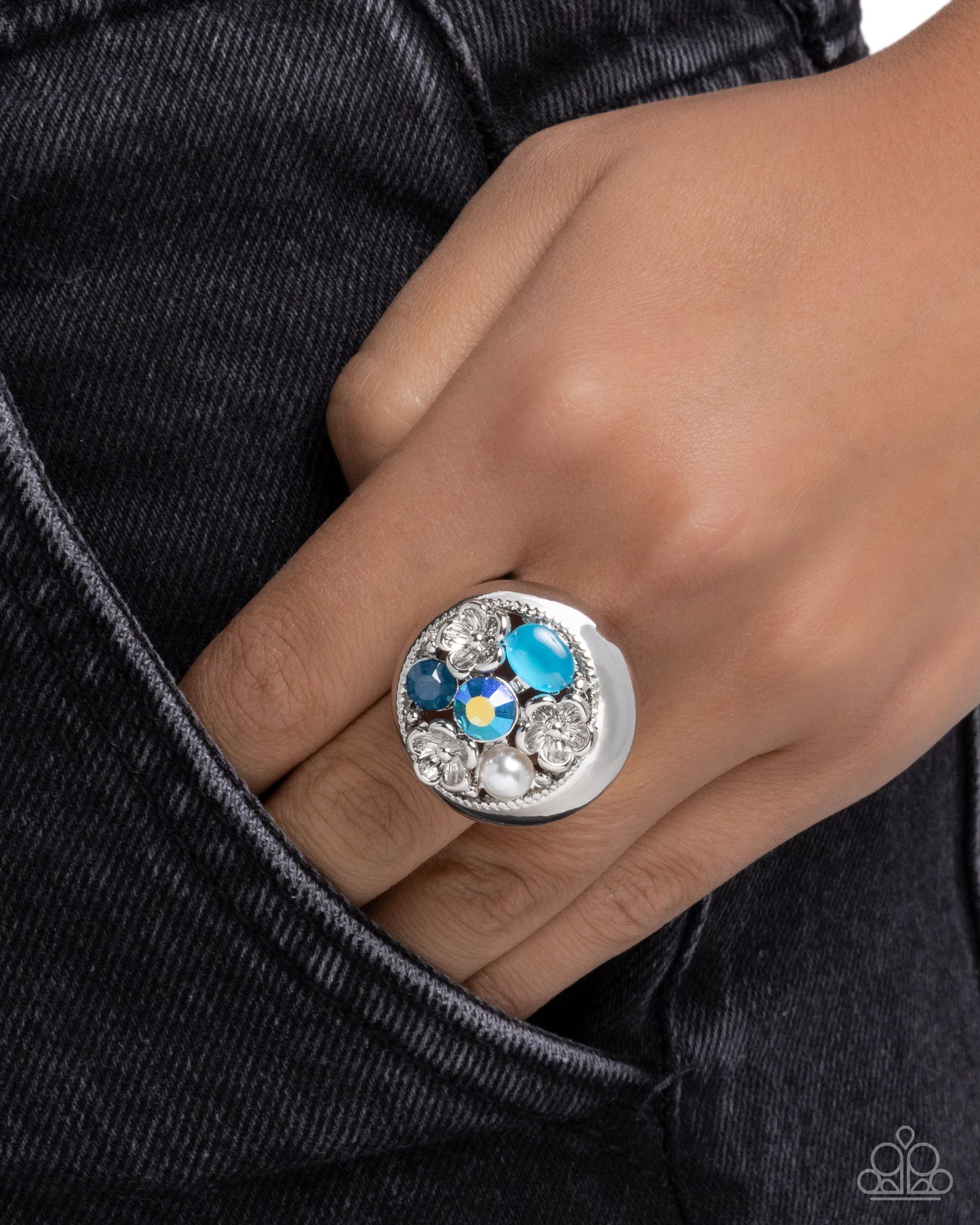 Paparazzi Malibu Mecca - Blue - Lyons Blue, Blue Zircon Iridescent Rhinestone & Turquoise Cat's Eye Ring R1335