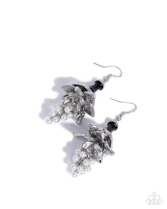 Paparazzi Brilliant Bells - Black Painted Silver & Silver Petal Flower Earring E3241