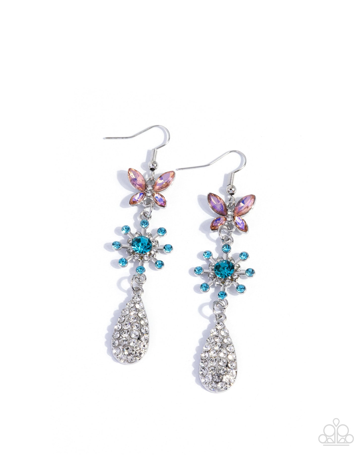 Paparazzi Butterfly Blend - Multicolored Light Amethyst UV Shimmery Butterfly, Aquamarine Flower Earring E3327