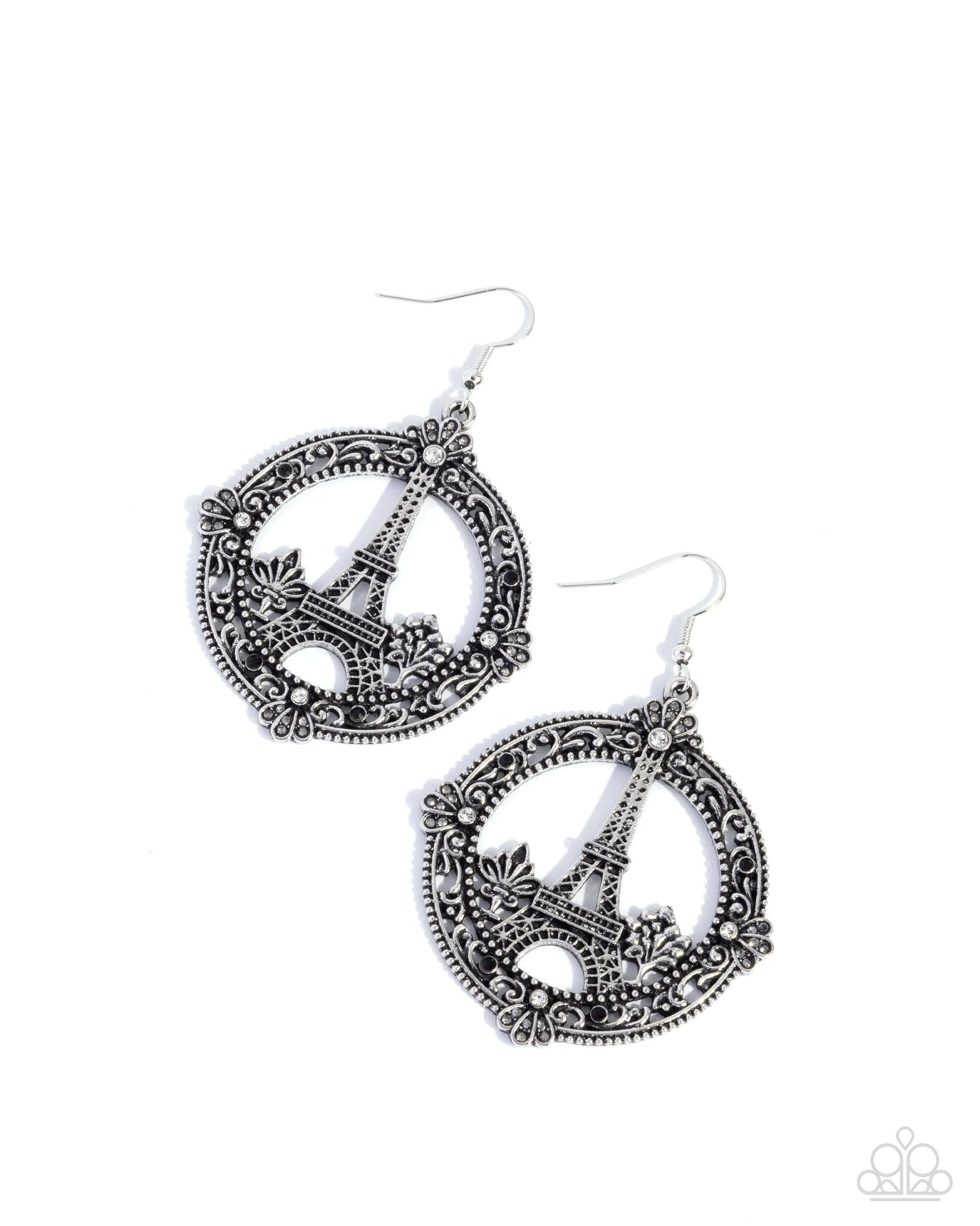 Paparazzi Enamored Eiffel Tower - Black, Smoky & White Rhinestone Eiffel Tower Earrings