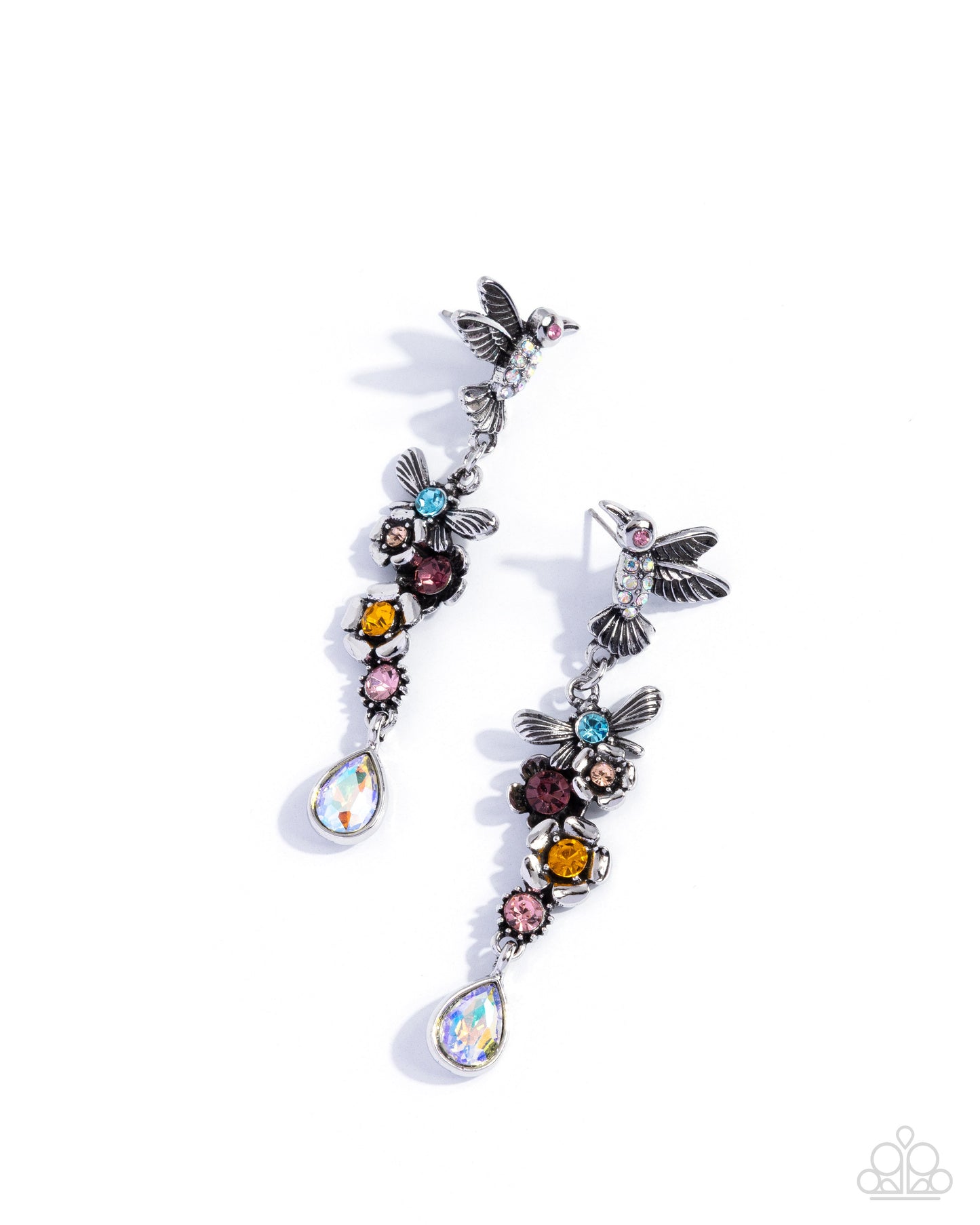 Paparazzi Hummingbird Hallmark - Multi Iridescent Rhinestone Silver Hummingbird Floral Post Earring E3338