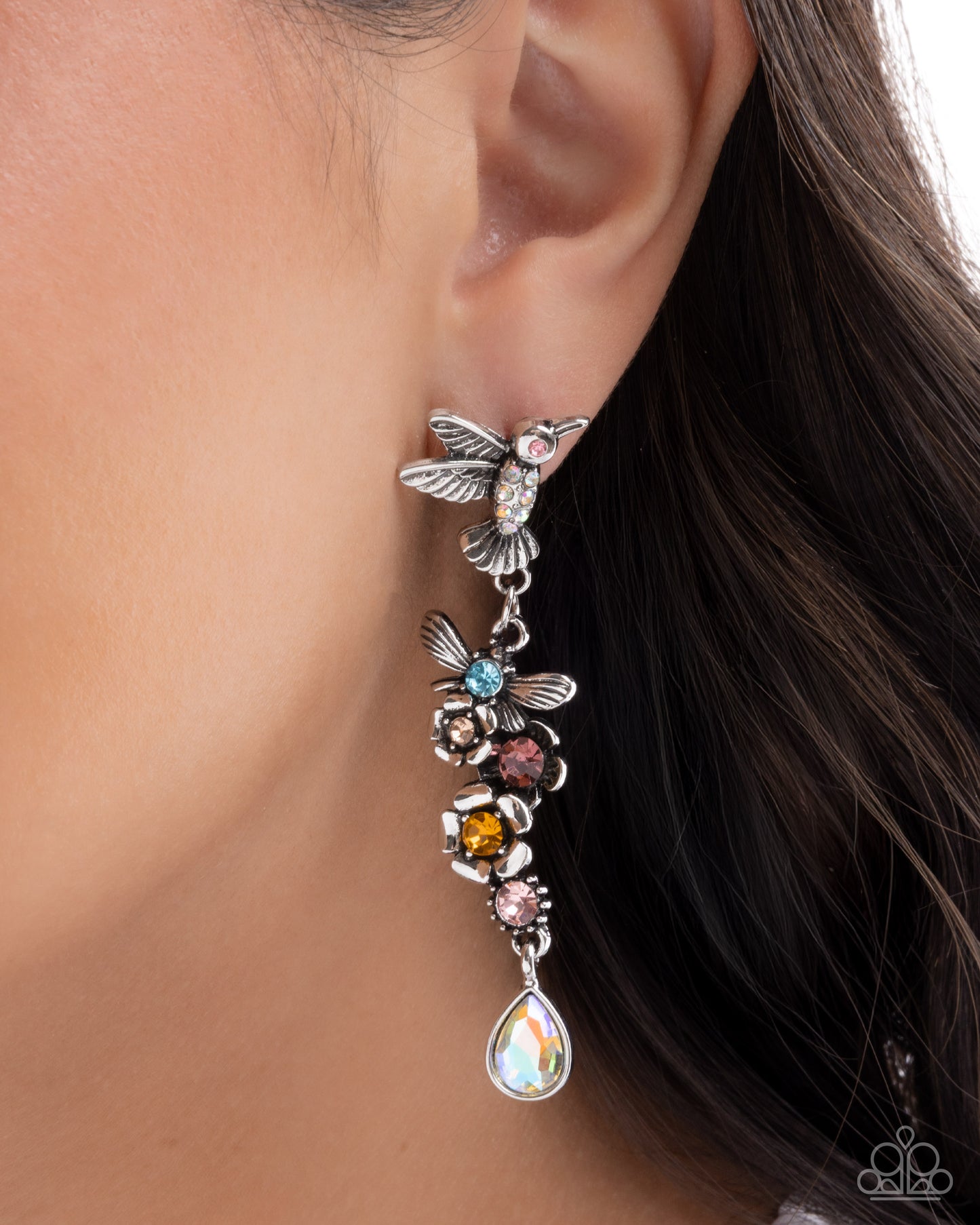 Paparazzi Hummingbird Hallmark - Multi Iridescent Rhinestone Silver Hummingbird Floral Post Earring E3338