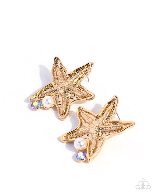Paparazzi Starfish Sensation - Gold Starfish, White Pearl & UV Peach Gem Ocean Inspired Earring E3321