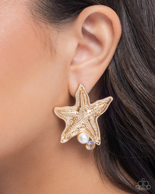Paparazzi Starfish Sensation - Gold Starfish, White Pearl & UV Peach Gem Ocean Inspired Earring E3321