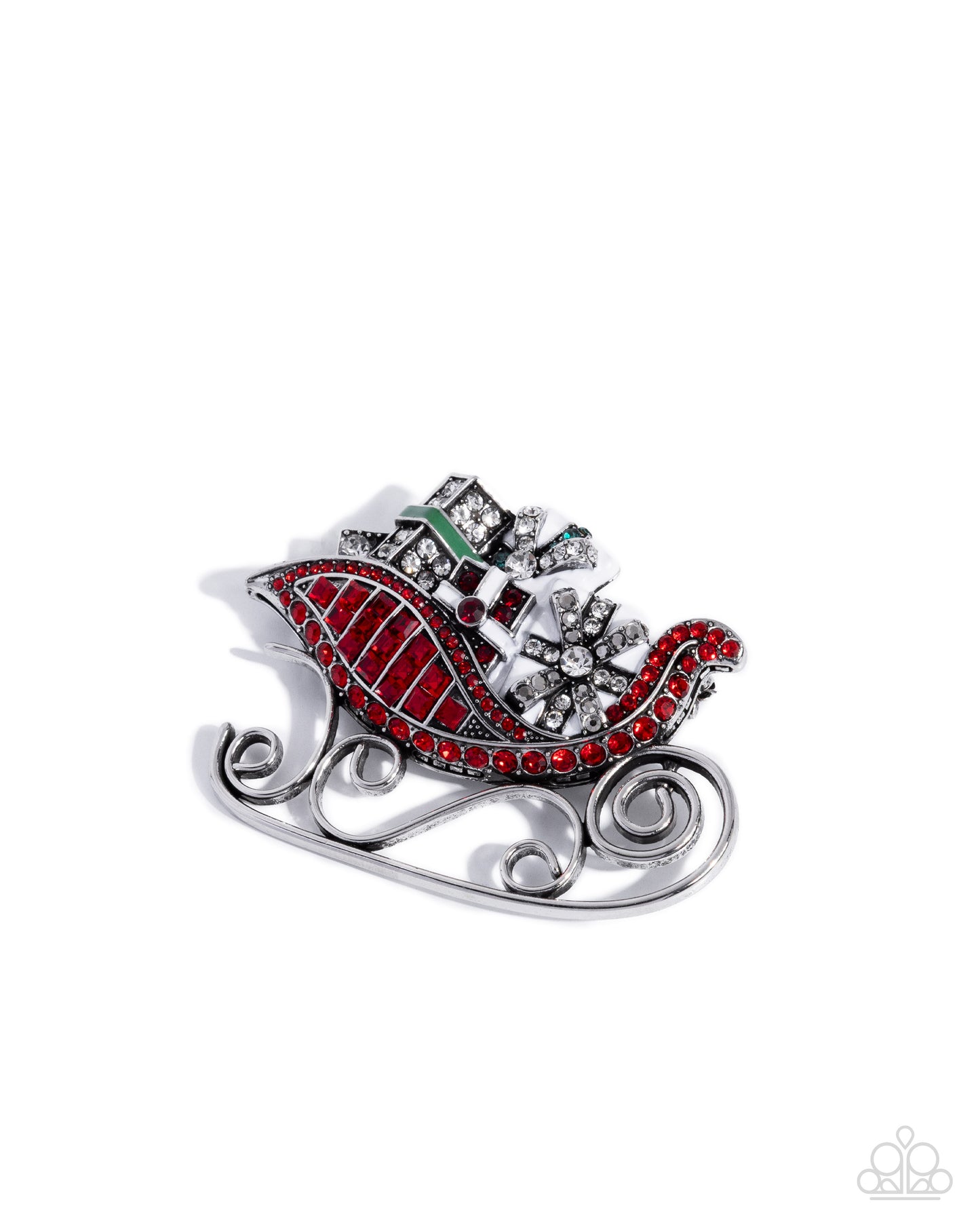 Paparazzi Sledding Shimmer - Red, Green, Hematite & White Rhinestone Sleigh Lapel Pin Brooch