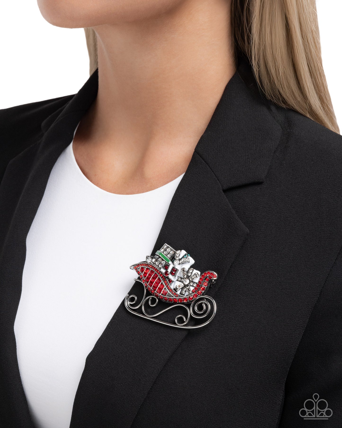 Paparazzi Sledding Shimmer - Red, Green, Hematite & White Rhinestone Sleigh Lapel Pin Brooch