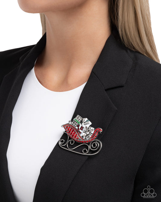 Paparazzi Sledding Shimmer - Red, Green, Hematite & White Rhinestone Sleigh Lapel Pin Brooch