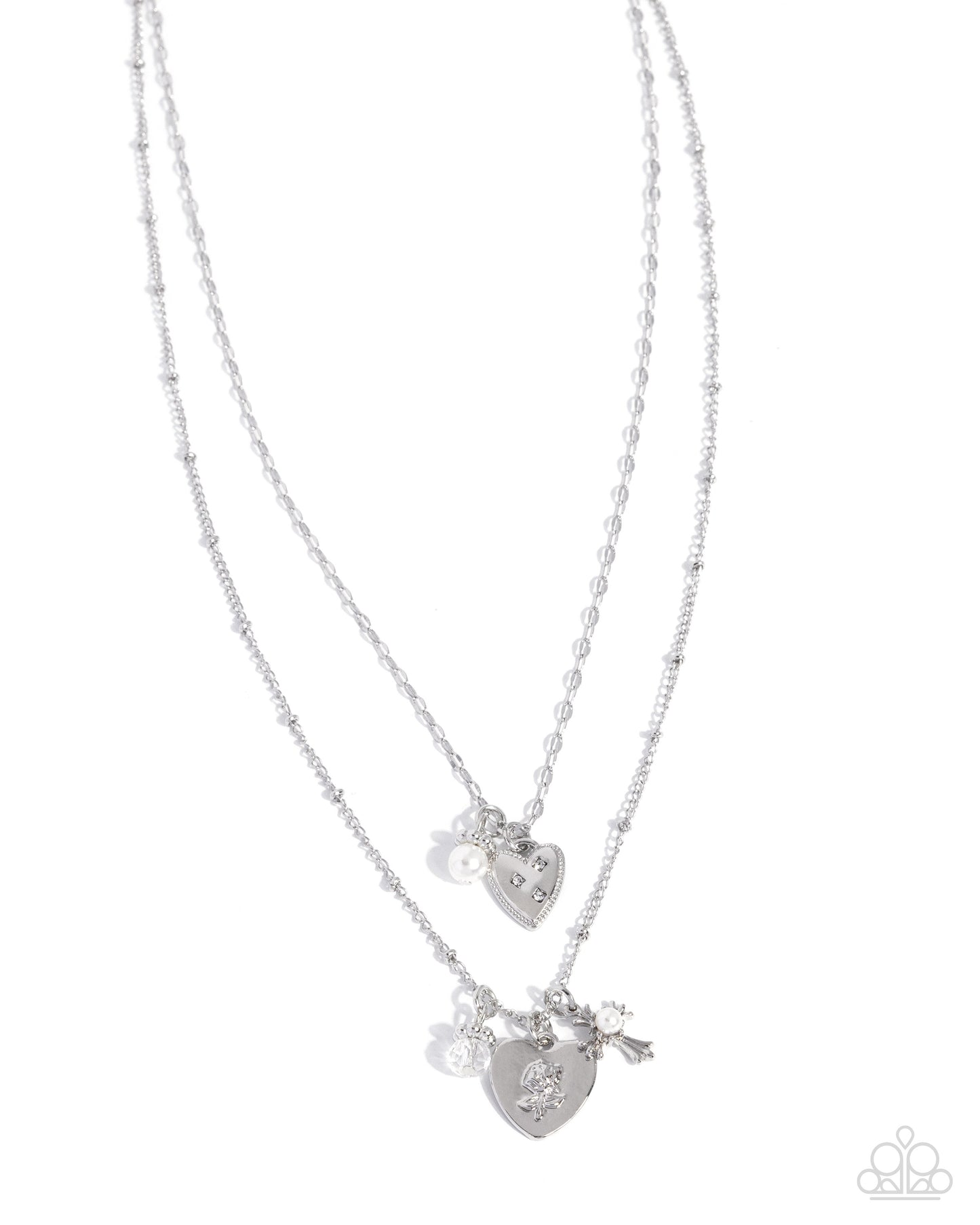 Paparazzi Supernal Shimmer - White Rhinestone Silver Heart Padlock Charm Layered Necklace N4033