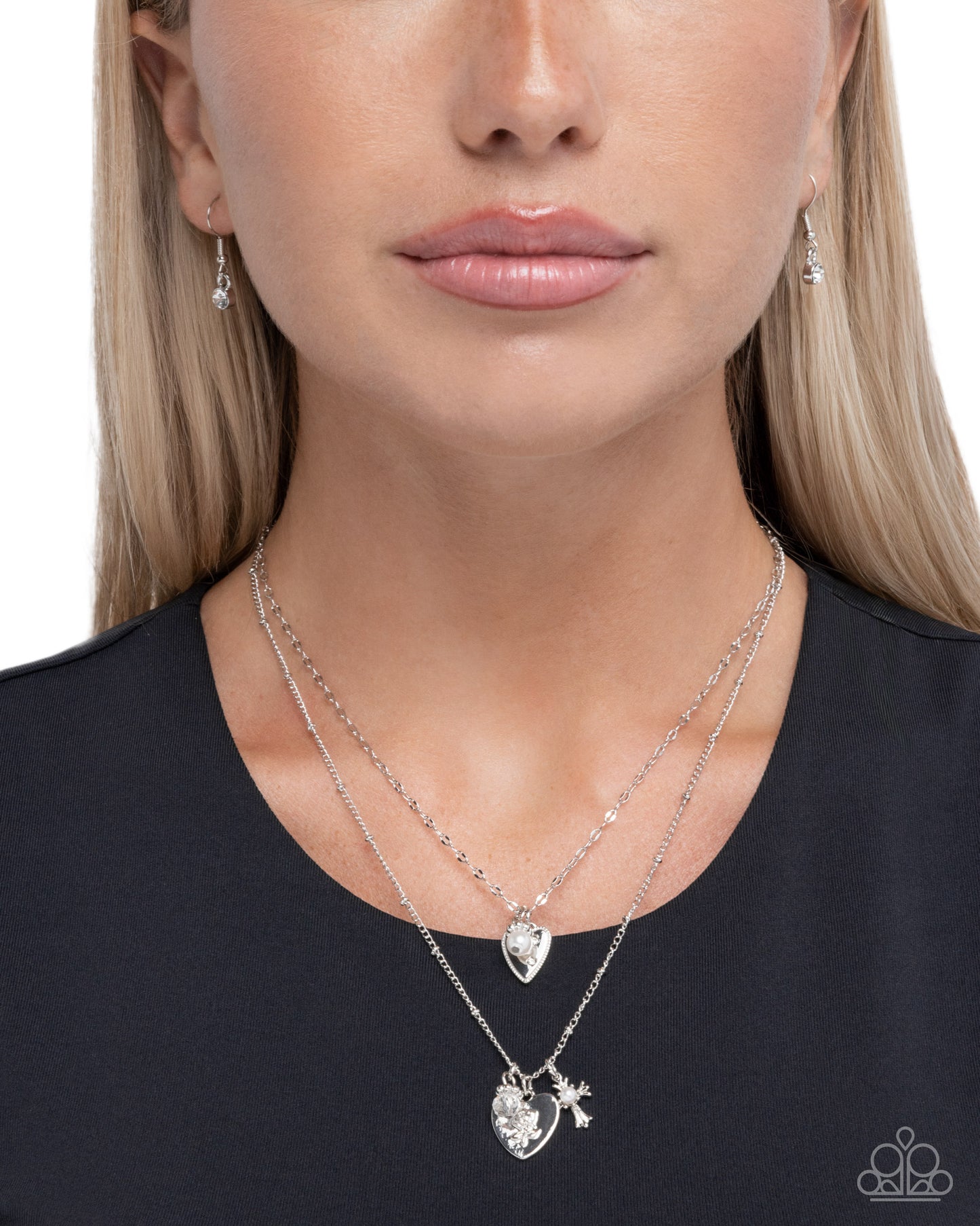 Paparazzi Supernal Shimmer - White Rhinestone Silver Heart Padlock Charm Layered Necklace N4033