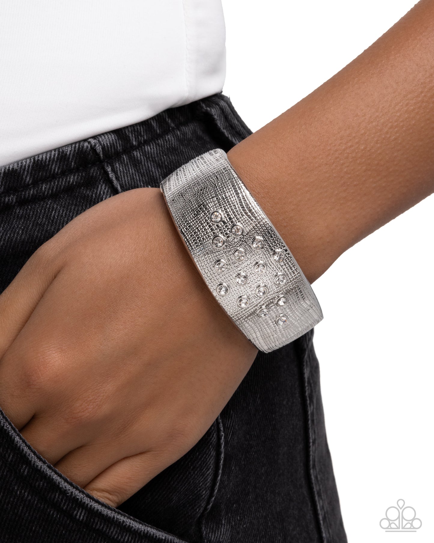 Paparazzi Whispered Wealth - White Rhinestone Silver Hinge Bracelet B2625