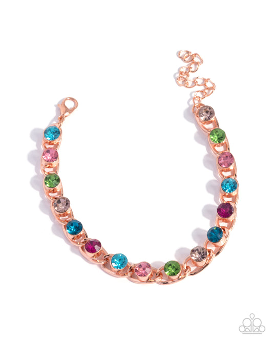Paparazzi Flashy Finesse - Copper - Shiny Copper Rainbow Multicolored Rhinestone Gem Bracelet B2766
