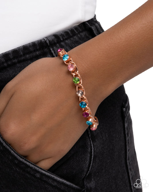 Paparazzi Flashy Finesse - Copper - Shiny Copper Rainbow Multicolored Rhinestone Gem Bracelet B2766