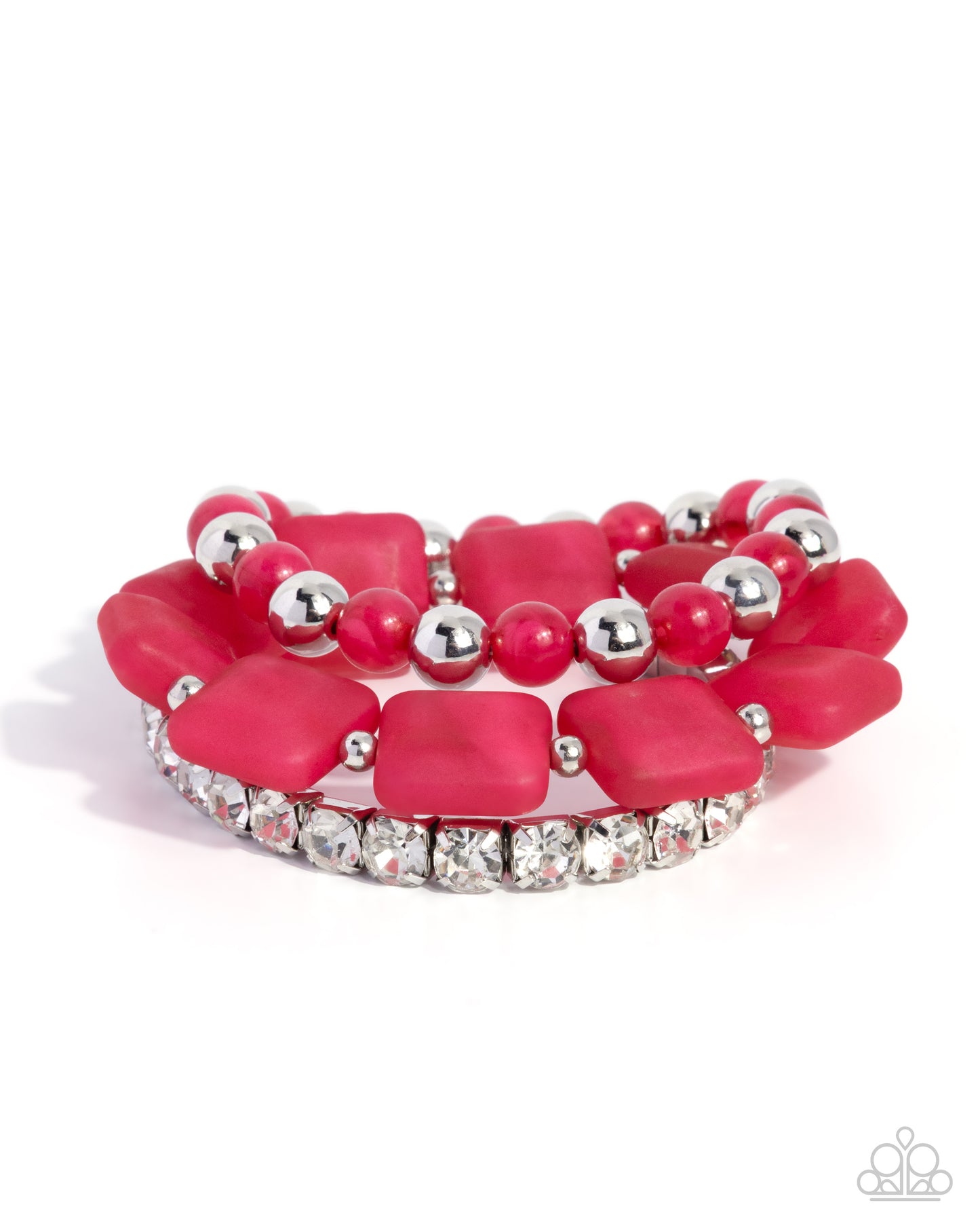 Paparazzi Socialite Squares - Pink Winter Berry & Silver Set Of Three Stretch Bracelet Set