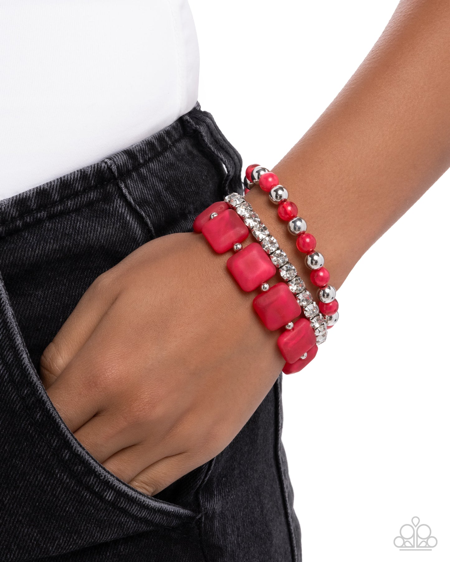 Paparazzi Socialite Squares - Pink Winter Berry & Silver Set Of Three Stretch Bracelet Set