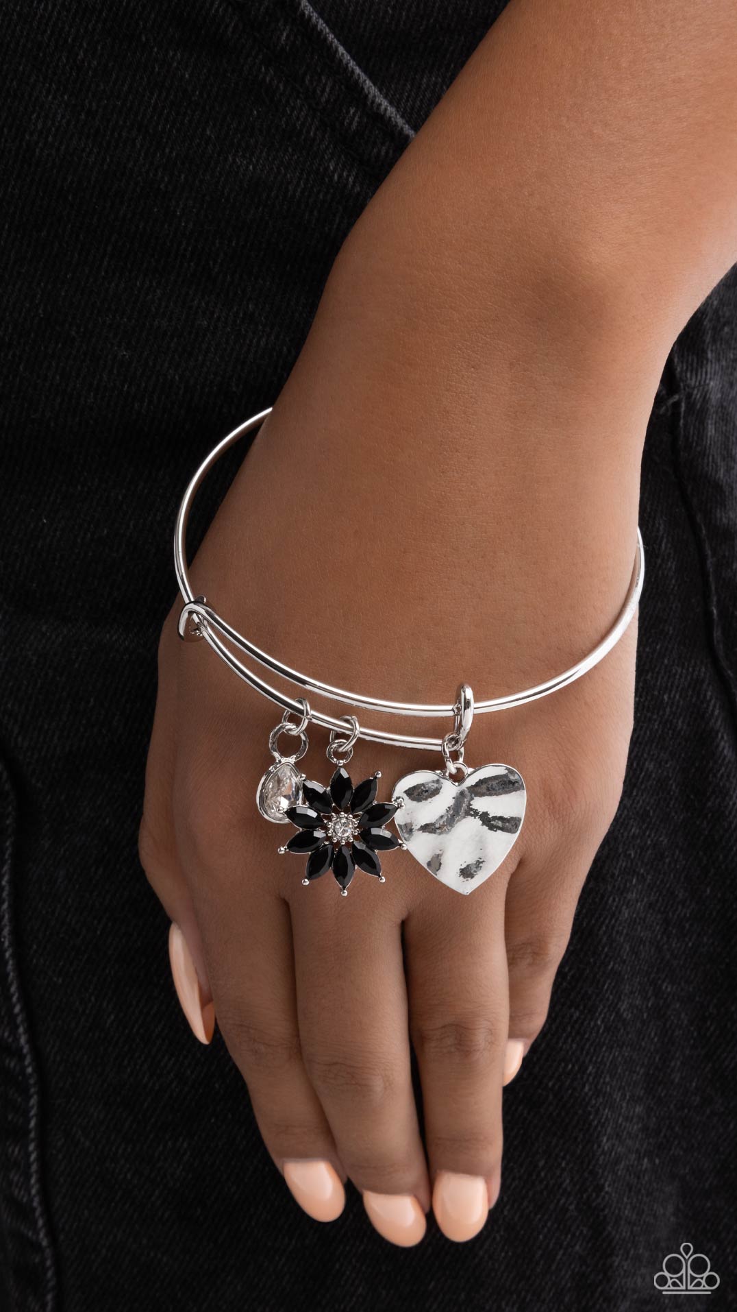 Paparazzi Open Opulence - Black Gem Flower, White Teardrop Gem Bangle Style Bracelet B2555