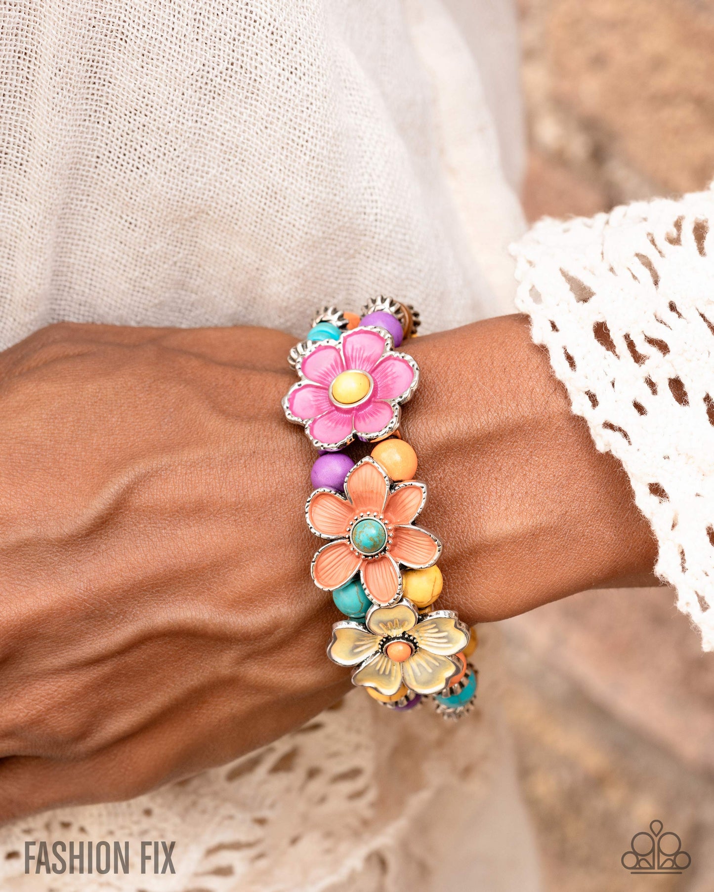 Lighthearted Landmark - Multicolored Turquoise, Orange, Yellow Flower Stretch Bracelet Simply Santa Fe Fashion Fix September 2025 Paparazzi B2404