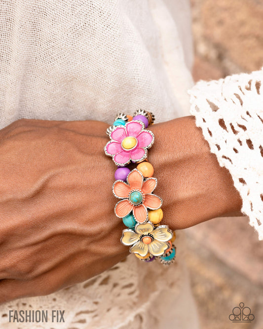 Lighthearted Landmark - Multicolored Turquoise, Orange, Yellow Flower Stretch Bracelet Simply Santa Fe Fashion Fix September 2025 Paparazzi B2404