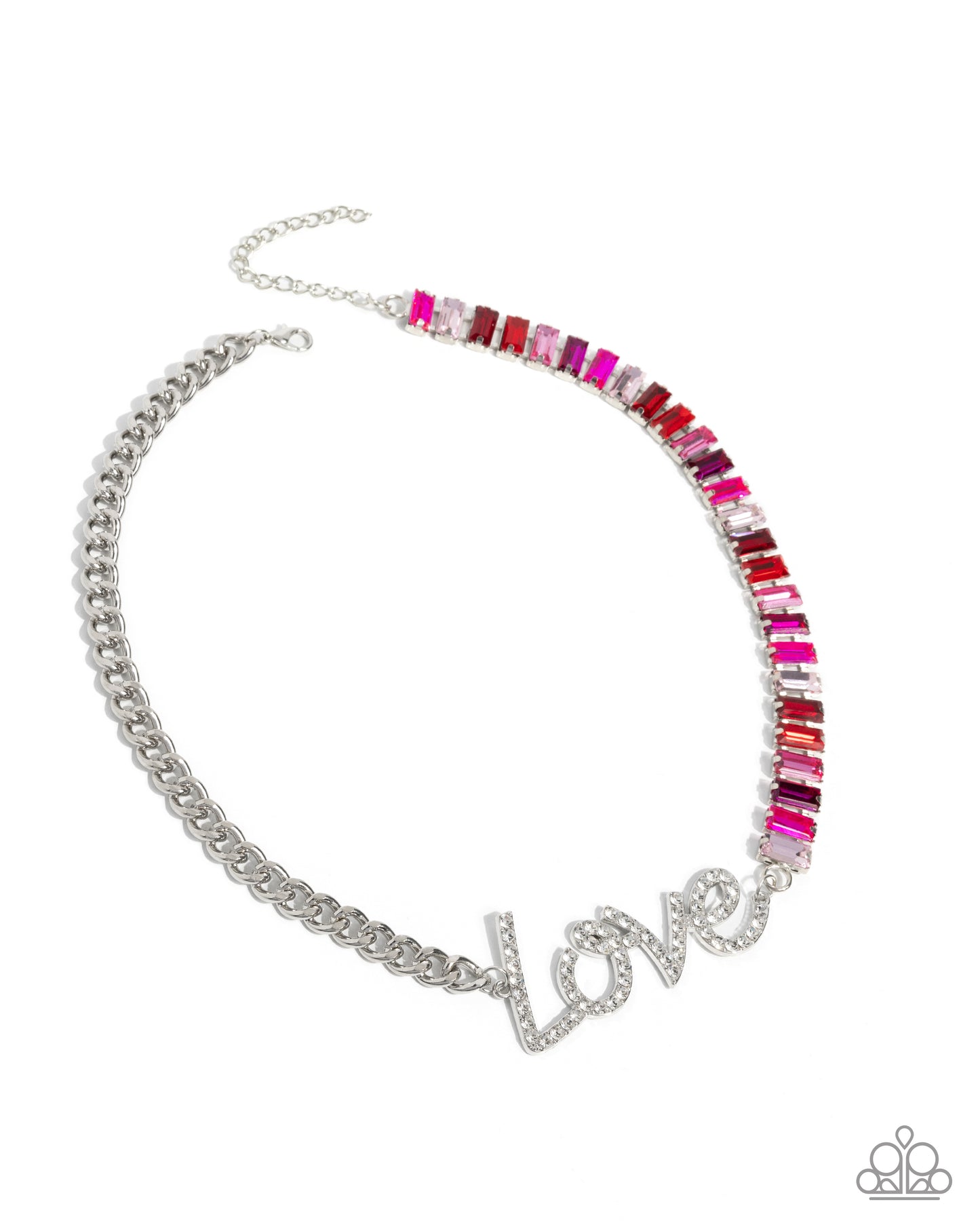 Paparazzi Lovely Contrast Multicolored Pink Gem White Rhinestone LOVE Necklace December 2025 Life Of The Party N3845
