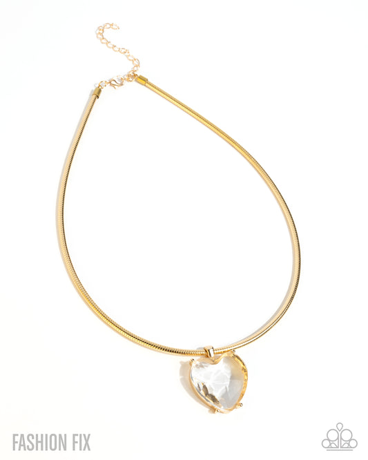 Faceted Finery - Gold & Clear White Heart Necklace Glimpses Of Malibu Fashion Fix October 2025 Paparazzi