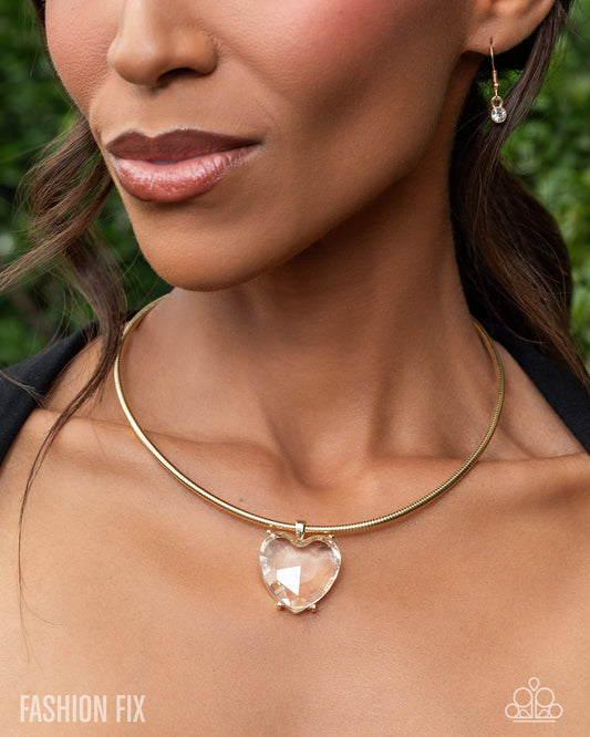 Faceted Finery - Gold & Clear White Heart Necklace Glimpses Of Malibu Fashion Fix October 2025 Paparazzi