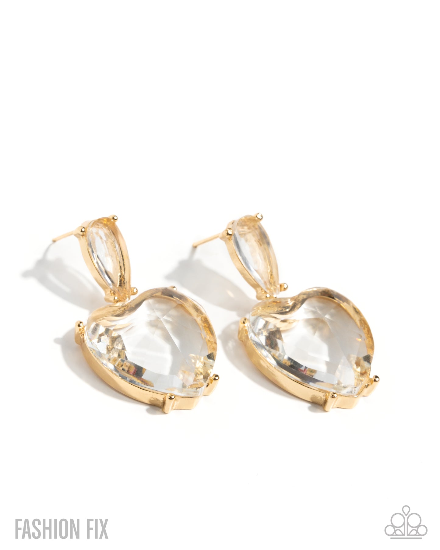 Fashionable Finery - Gold & Clear Faceted Heart Post Earring Glimpses Of Malibu Fashion Fix October 2025 Paparazzi