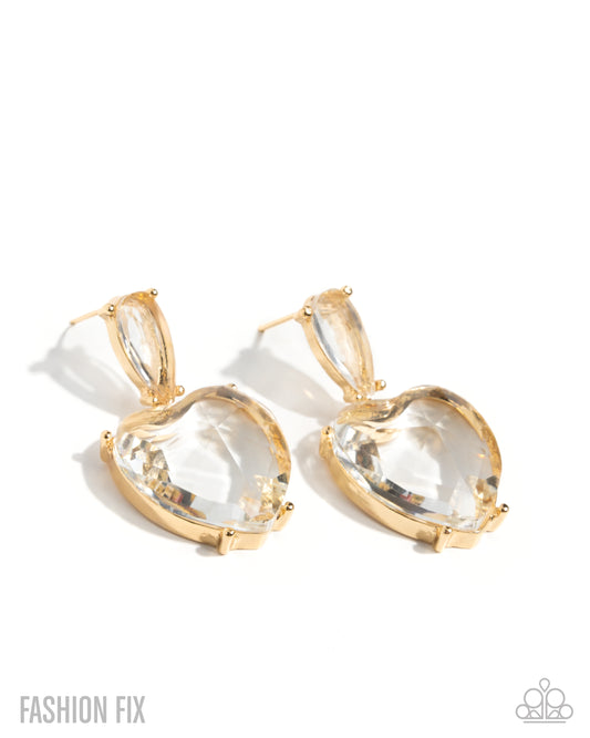 Fashionable Finery - Gold & Clear Faceted Heart Post Earring Glimpses Of Malibu Fashion Fix October 2025 Paparazzi