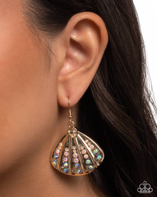 Paparazzi Sophisticated Seashell - Multicolored Peach, Rose Iridescent Rhinestone Gold Seashell Earring