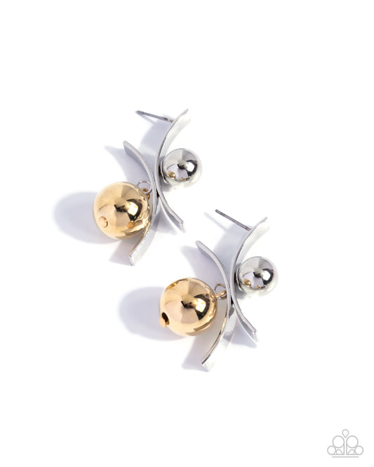 Paparazzi Dichromatic Decadence - Multi Silver Curl, Silver & Gold Bead Abstract Earring E3563