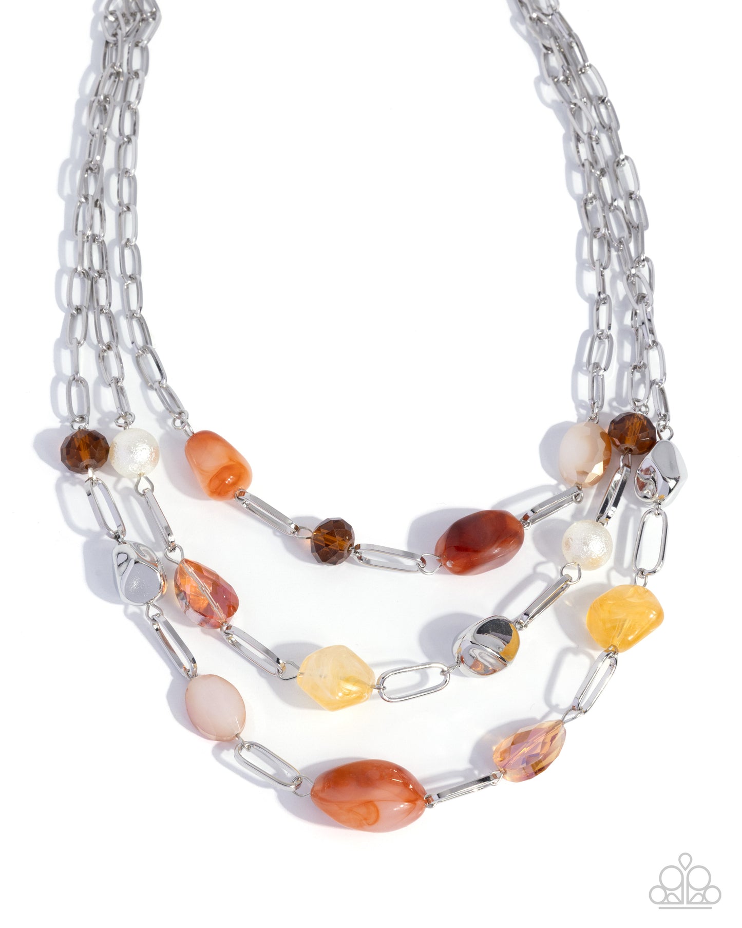 Paparazzi Tangible Tiers - Orange, Topaz, White Pearl, Silver Layered Chain Necklace N3856