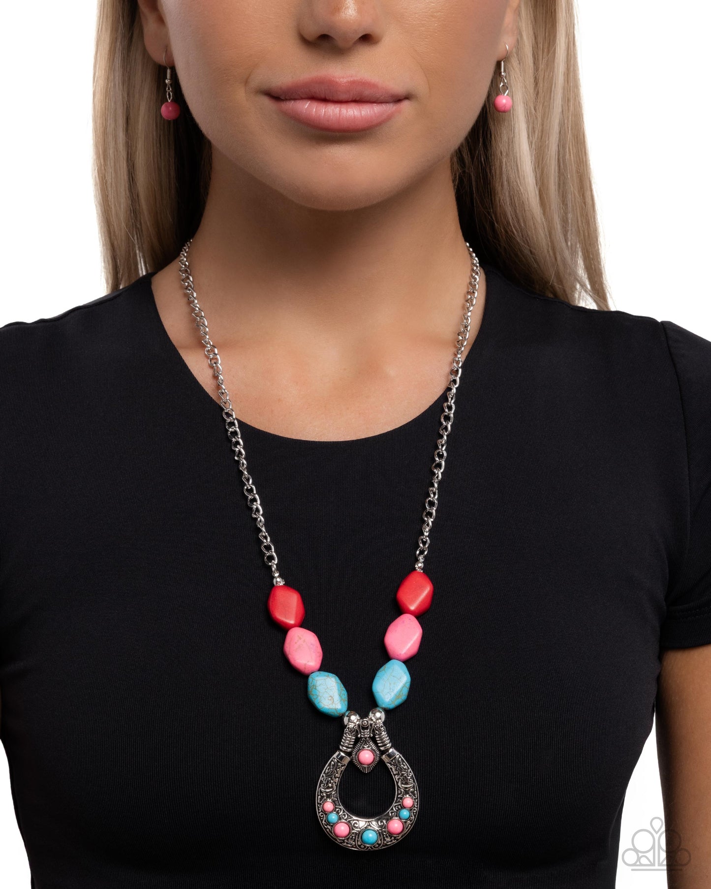 Paparazzi Santa Fe Superstition - Pink- Hot Pink, Turquoise & Red Stone Silver Santa Fe Style Necklace N3783