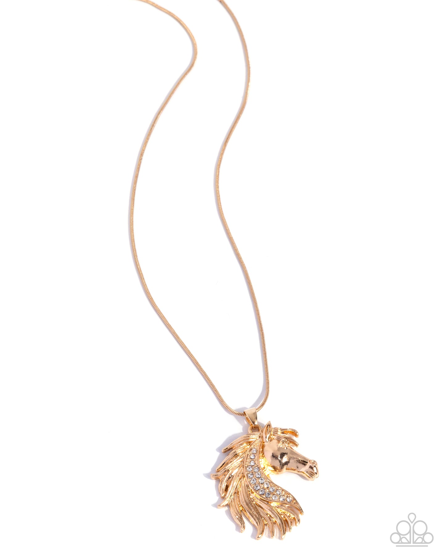 Paparazzi Stallion Swing - Gold & White Rhinestone Stallion Head Pendant Necklace N3915