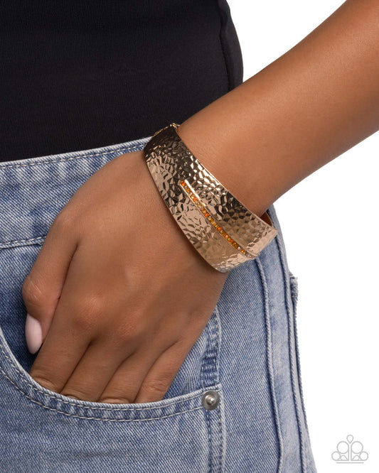 Paparazzi Spontaneous Surety - Orange, Smoked Topaz, Yellow Iridescent, Tea Rhinestone Hammered Gold Hinge Bracelet