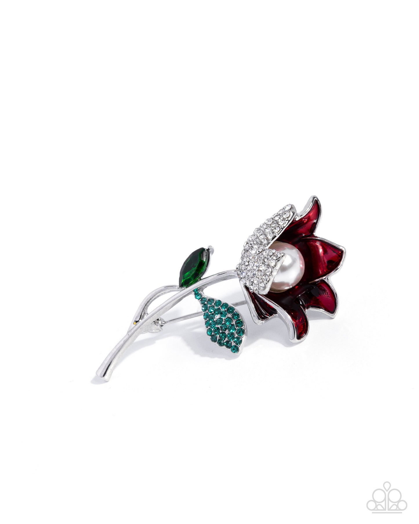 Paparazzi Blooming Busybody - Red - Deep Red Painted, Silver & White Rhinestone Flower Lapel Pin Brooch BR027