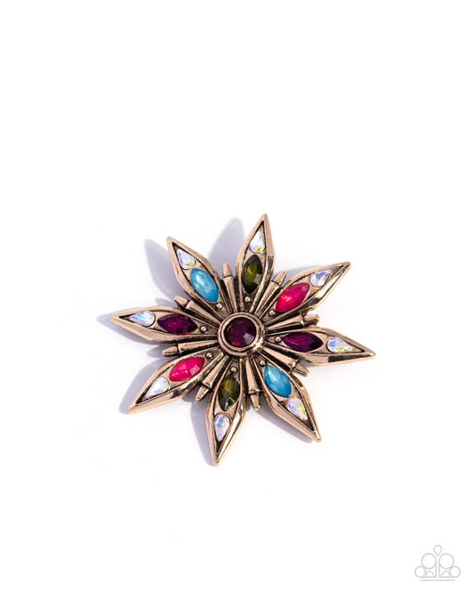 Paparazzi Slow Shimmer - Multicolored UV Shimmery Gem Gold Flower Lapel Pin Brooch BR018