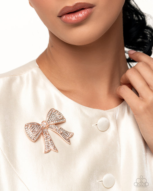 Bow Bravado - Rose Gold, White Rhinestone & Pearl Bow Lapel Pin Brooch Paparazzi BR014