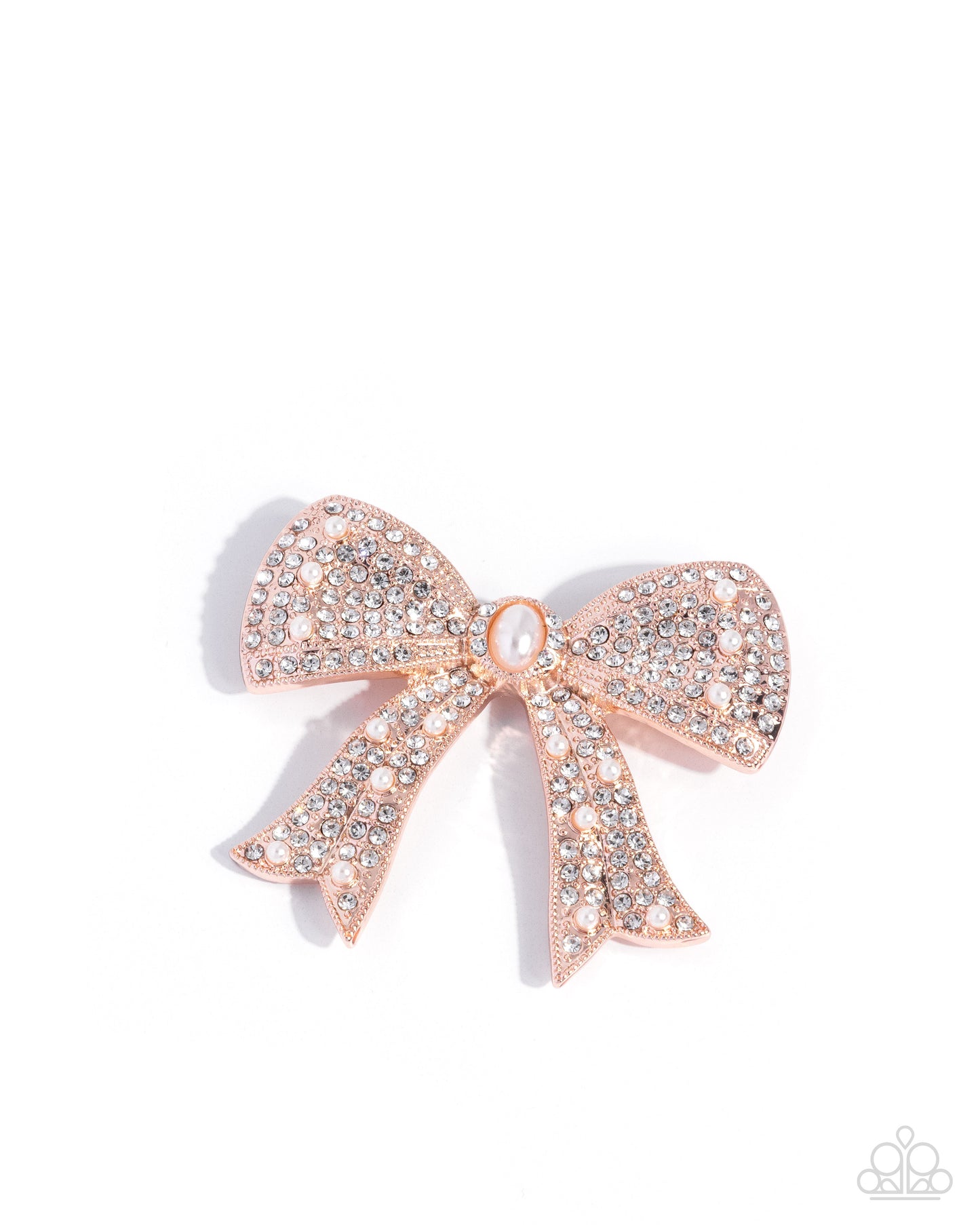 Bow Bravado - Rose Gold, White Rhinestone & Pearl Bow Lapel Pin Brooch Paparazzi BR014
