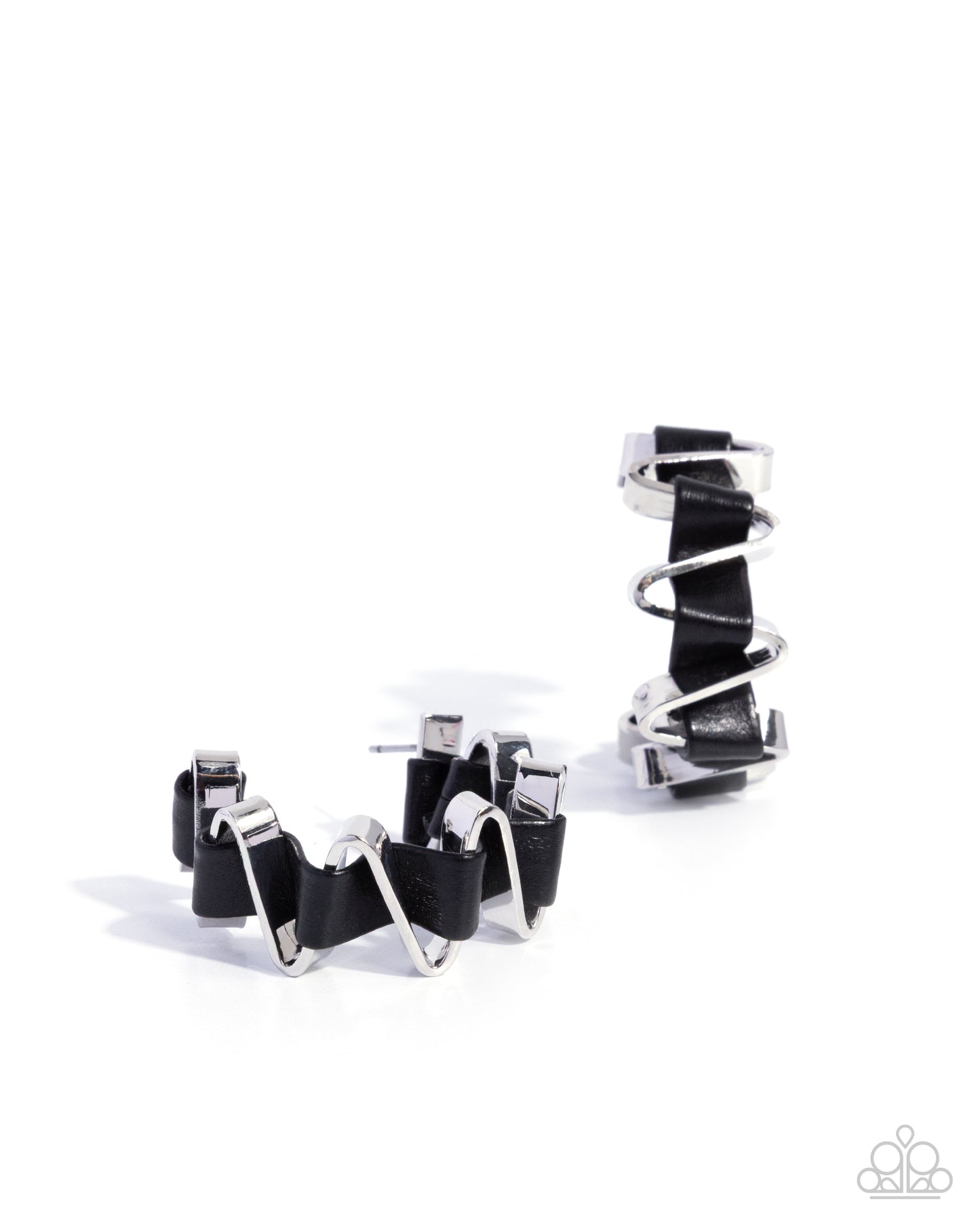 Paparazzi Captivating Corkscrew - Black Leather & Silver 1 1/4 Inch Hoop Earring E2384