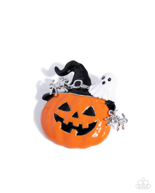 Historic Halloween - Orange Jack-O'-Lantern, Ghost, Spider Halloween Lapel Pin Brooch Paparazzi