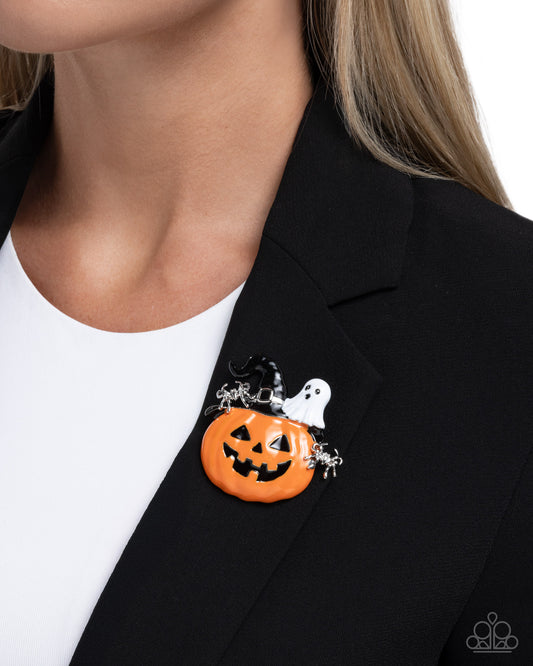 Historic Halloween - Orange Jack-O'-Lantern, Ghost, Spider Halloween Lapel Pin Brooch Paparazzi