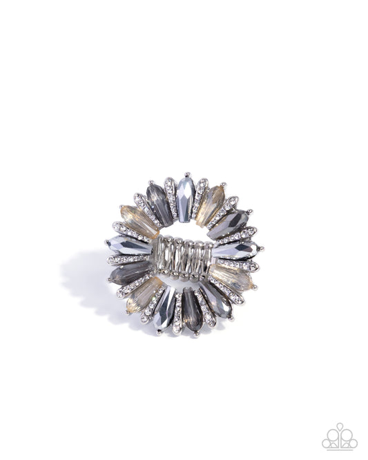 Paparazzi Powerhouse Pedestal - Silver Chiseled Hematite, Champagne & Smoky Gem Ring R1228