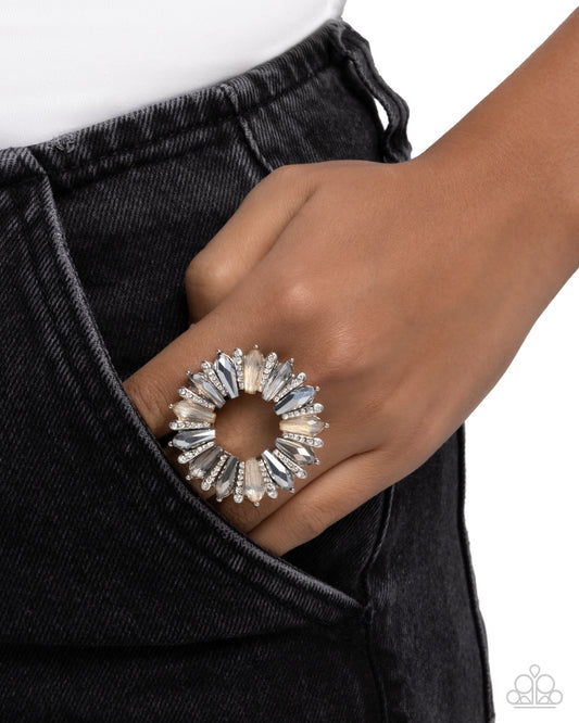 Paparazzi Powerhouse Pedestal - Silver Chiseled Hematite, Champagne & Smoky Gem Ring R1228