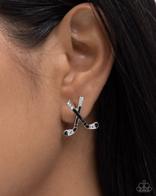Paparazzi Hockey Haute - Black & White Rhinestone Hockey Sport Post Earring E1794