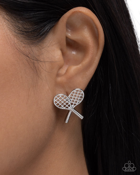 Tennis Team - Silver Tennis Racket Sport Post Earring Paparazzi E3130