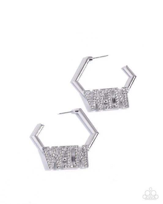 Paparazzi Everything to Win - White Rhinestone "WIN" 1 3/4 Inch Hoop Earring