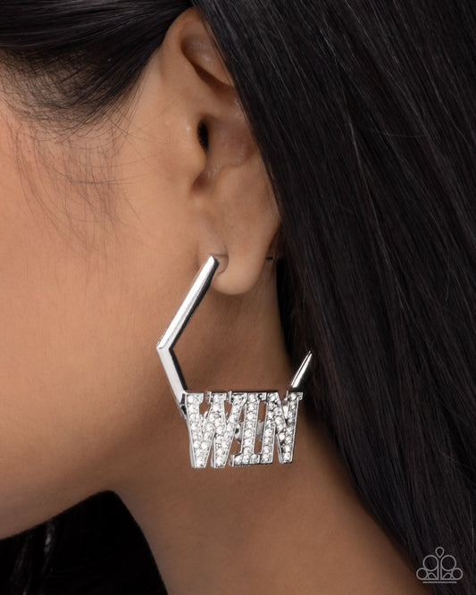Paparazzi Everything to Win - White Rhinestone "WIN" 1 3/4 Inch Hoop Earring
