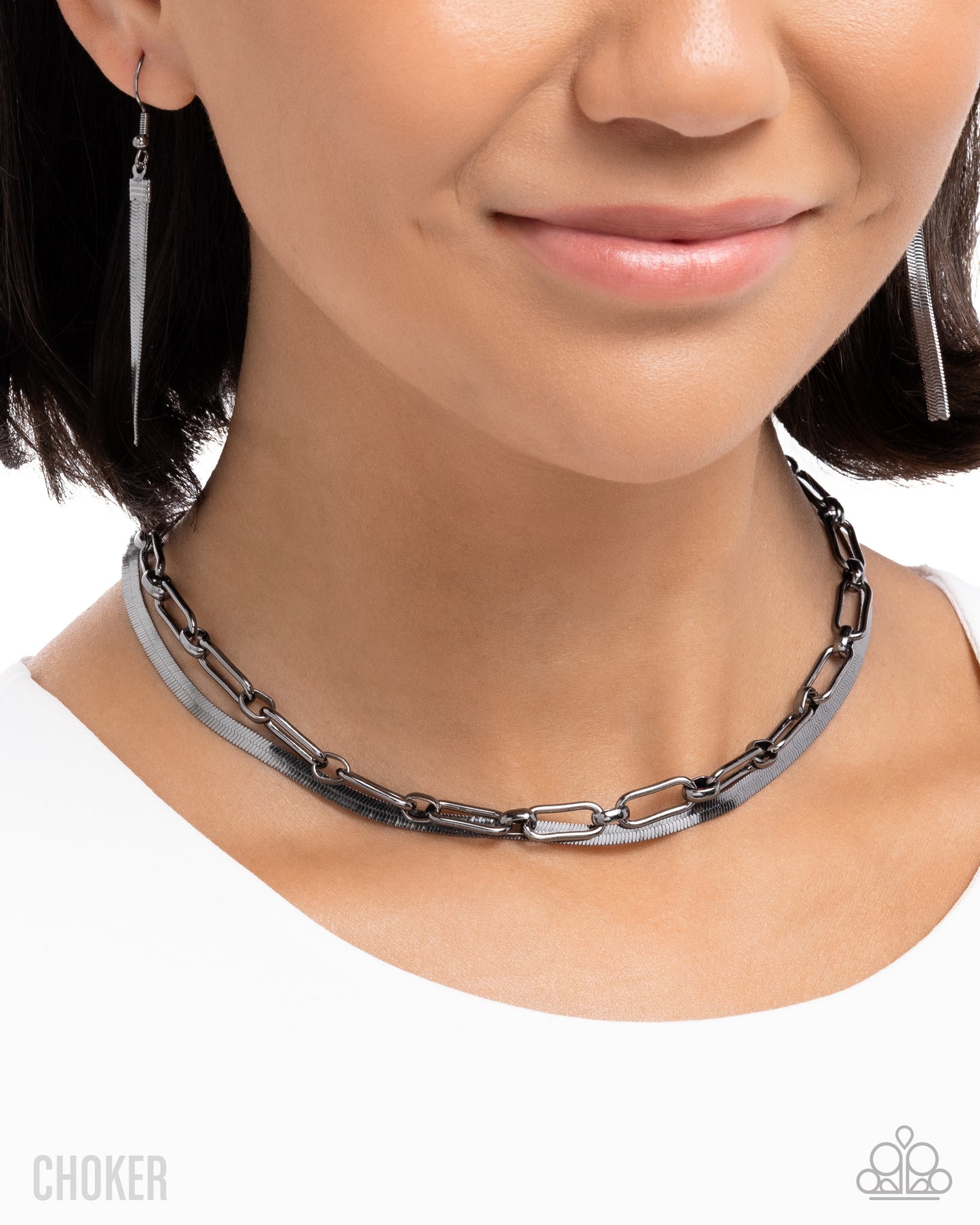 Paparazzi Traditional Test - Black Gunmetal Layered Paperclip & Herringbone Chain Choker Necklace